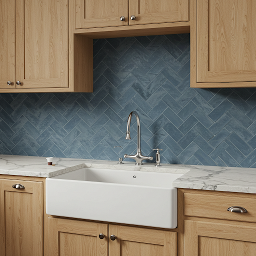 Mission Plain French Blue 2"x8" Cement Tile for Kitchen Backsplash in Herringbone Pattern