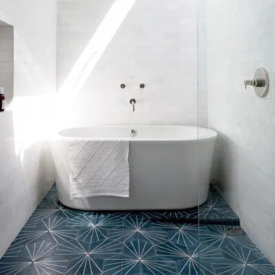 Bakery Hexagon Cement Tiles in Navy are Used for this Bathrrom Floor