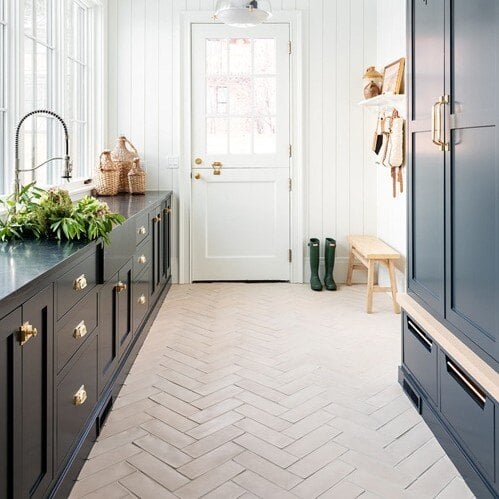 Studio McGee Mudroom with 4"x12" Rustic Bone in Herringbone