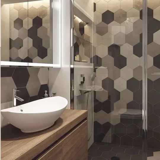 Bathroom Wall using Plain Hexagon Cement Tiles in Grayscale