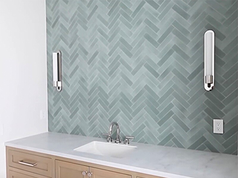 Mission Plain Sage 2"x8" Cement Tile in Herringbone Layout for Bathroom Backsplash
